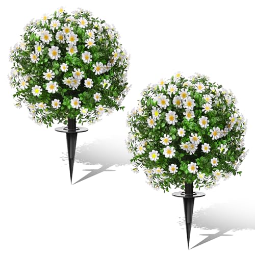 FAJUNZH Artificial Topiary Bushes for Outdoors with Spike, Boxwood Ball Fake Shrubs UV Resistant Faux Plants for Indoor Outdoor Fall Thanksgiving Halloween Decor (Sunflower Boxwood White -2 Packs) - color: Sunflower Boxwood White