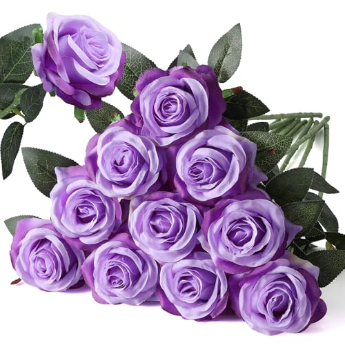 Nubry Artificial Silk Rose Flower Bouquet Lifelike Fake Rose for Wedding Home Party Decoration Event Gift 10pcs (Light Purple) - color: Gradient Light Purple
