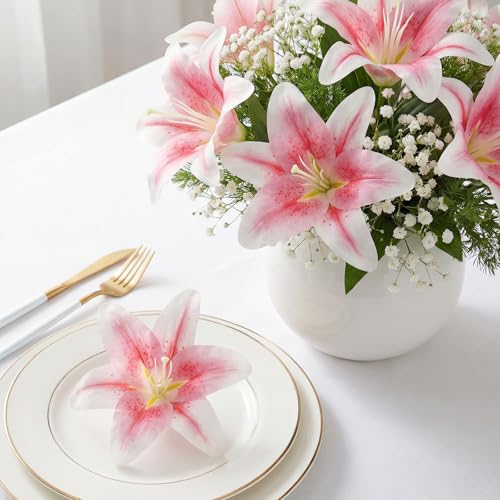 Suncalla 30 Pack Large Artificial Lilies Flower Heads with Realistic Stamens 5.9" Faux Fake Lily Flower Heads Bulk for DIY Crafts Cake Wedding Bridal Wreaths Table Home Party Decor(Light Pink) - color: Light Pink