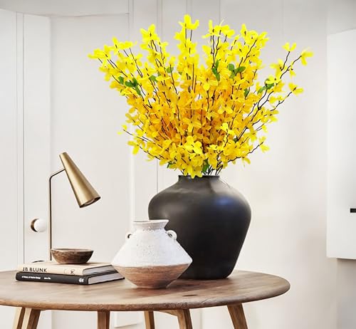 2PCS Artificial Forsythia Branches Yellow Silk Spring Flowers Artificial Orchids Flowers Fake Jasmine Faux Forsythia Stems for Indoor Home Decor Dining Table Centerpieces Party Wedding Outdoor - color: Yellow-2