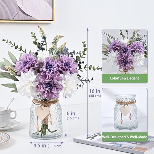 MARTINE MALL Fake Flowers in Vase, Faux Flowers in Vase, Dahlia Artificial Flowers in Vase Centerpiece Table Decorations Artificial Flower Arrangement for Home Dining Room Office Farmhouse - color: Purple Dahlia