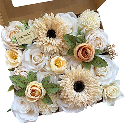 FACINOC Roses Artificial Flowers White Combo Box Set Fake Flower Bulk with Stems for DIY Bridal Wedding Shower Decorations Faux Floral Arrangements for Party Table Centerpieces Home Decor Indoor - color: X(white, Beige, Champagne)