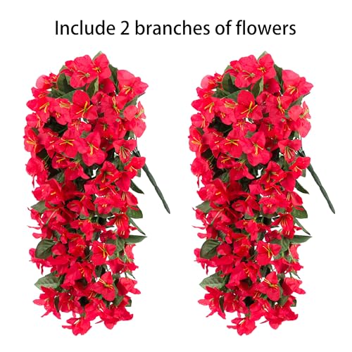 Faux Bougainvillea Artificial Flowers Plants for Outdoor Outside Decoration, 2 PCS Red Fake Flowers UV Resistant Look Real Silk Long Trailing Vines for Front Door Porch Planter Urn Patio Garden Yard - color: Red