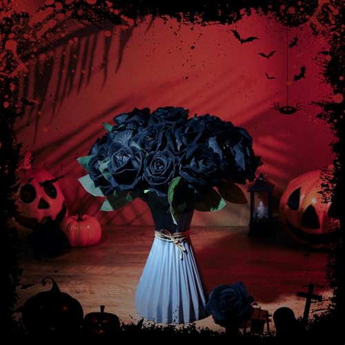 36 Pcs Black Rose Bouquet Bridal Artificial Flowers,Fake Rose Long Stem Realistic Artificial Flowers Bulk for Wedding Bouquet Ball Arrangement Centerpiece Party Decor - color: Black