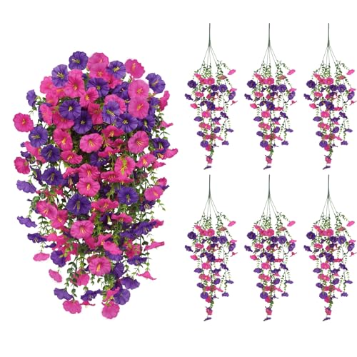 Artificial Hanging Flowers for Outdoors, 6PCS Silk Morning Glory Artificial Flowers, UV Resistant Fake Flower Realistic Faux Plants for Home Patio Porch Garden Basket Decor (Purple+Fuchsia) - color: Purple+fuchsia