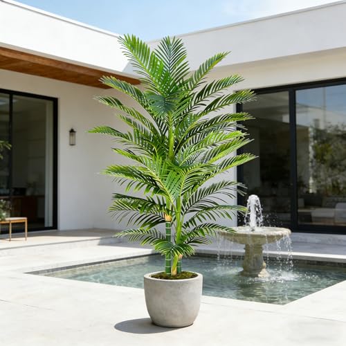 Artificial Golden Cane Palm Tree 7FT, Fake Palm Tree with Three Realistic Trunks and Lifelike Palm Leaves, Faux Palm Plant for Indoor Home Décor with Black Planter - color: Black, size: 7FT