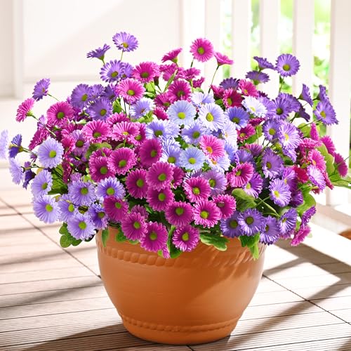 Waipfaru Artificial Flowers for Outdoors Faux Plants, UV Resistant Artificial Outdoor Flowers, Silk Daisy Realistic Fake Mums Flower for Front Porch Spring Home Planter Patio Decor, 12 Bundles, Mix - color: Purple, Fuchsia, Light Purple, size: 12 PCS
