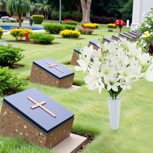 Artificial Cemetery Flowers with Vase -2 Set of White Silk Memorial Orchids with Headstones Vase for Grave Graveyard Decoration - color: 2 White