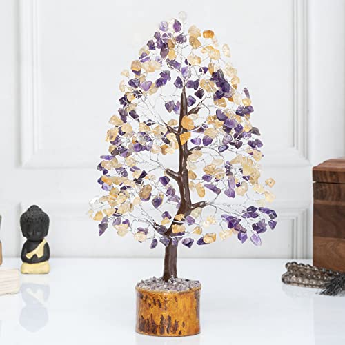Crocon® Amethyst & Citrine Tree Crystal Tree of Life Birthday Gifts for Women Gemstone Tree Healing Stones Home, Shelf & Room Decor, Money Tree Positive Feng Shui Tree Bonsai Good Luck Spiritual Gift - color: Amethyst + Citrine (Silver Wire)