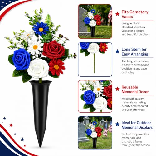 6 Pcs Artificial Patriotic Flowers 15.7 Inch Red White Blue Flowers Faux Bouquets Patriotic Branches for 4th of July Independence Day Memorial Grave Decorations USA Themed Table Centerpiece - color: Blue, White, Red