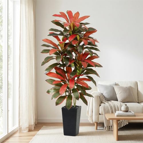 Artificial Red Dracaena Tree - 6FT Tall Fake Plants with Black Square Planter - Artificial Plants Indoor Floor Plant in Pot - Large Tropical Fake Yucca Potted Tree for Home Office Living Room Decor - color: Black-red Leaf, size: 6 FT