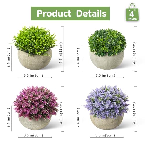 Mini Artificial Plants in Pots, Set of 4 Small Fake Plants for Home Decor Indoor, Realistic Greenery Faux Potted Plant for Office Desk, Bathroom, Shelf, or Table Decoration