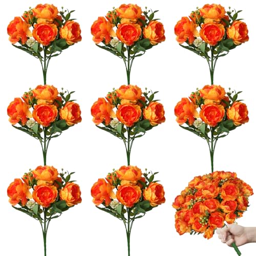 8 Bundles Orange Artificial Peonies Flowers Fake Silk Hydrangea Bouquet Faux Peonies Flowers Bulk for Fall Decoration Vase Florals Arrangements Wedding Party Table Centerpiece - color: Orange