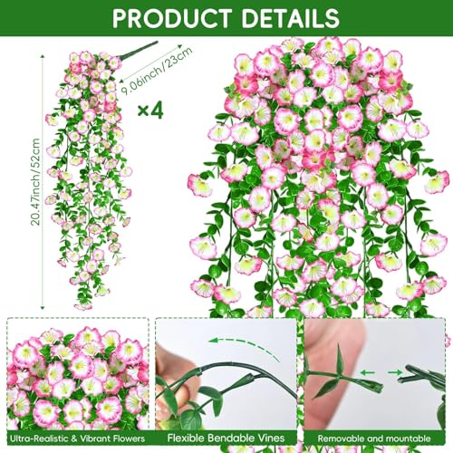 Artificial Hanging Flowers for Outdoors, 4Pcs UV Resistant Artificial Hanging Morning Glory Flowers, Spring Realistic Faux Outdoor Flower for Porch Patio Yard Garden Farmhouse Decor (Pink) - color: Pink