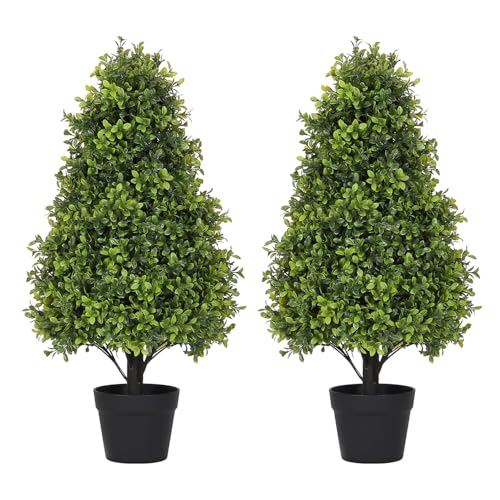 30" Artificial Boxwood Faux Plants Outdoor, UV Resistant Topiary Trees Realistic Cone-Shaped Fake Bushes and Shrubs Potted Fakeplants Set of 2 for Front Porch Patio Outside Planter Decor - color: Boxwood Light Green, size: 30in