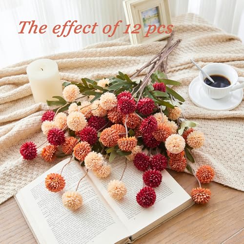 SITUMEIZI Faux Silk Pompon Mum Artificial Burnt Orange Flowers Fake Mini Chrysanthemum Flowers Mums 6Pcs for Home Party Wedding Decorations - color: Red-yellow-orange