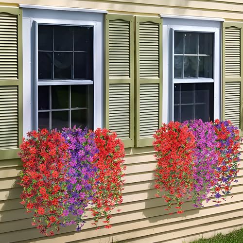Hrobek 2 PCS Artificial Hanging Flowers Outdoor Spring Summer Decoration, Fake Hanging Vine Plants UV Resistant, Faux Daisy Flower Eucalyptus for Outside Home Indoor Porch - color: B-red Dark Purple