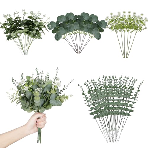 Coreland Artificial Eucalyptus Leaves Stems 120 Pcs 4 Kinds Mixed Fake Silver Dollar Eucalyptus Leaves Stem with Dandelion Bulk Faux Leaf for DIY Bouquets Floral Arrangement Wedding Home Decor - color: Dandelion-120pcs