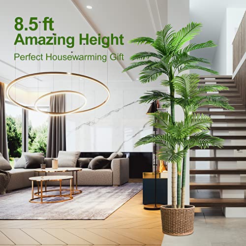 8.5ft Artificial Golden Cane Palm Tree - Large Triple Fake Palm Tree in Pot for Indoor/Outdoor, Patio, Pool, Big House, Office, Backyard, Home Decor - Green, Extra Tall - size: 8ft 6in