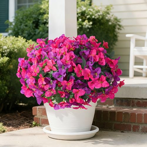 Bougainvillea Artificial Flowers Faux Plants for Outdoors Spring Porch Decor, 4 Bundles UV Resistant Outdoor Fake Bougainvillea Realistic Silk Outside Flowers for Patio Window Planters Garden Home - color: Purplefuchsia