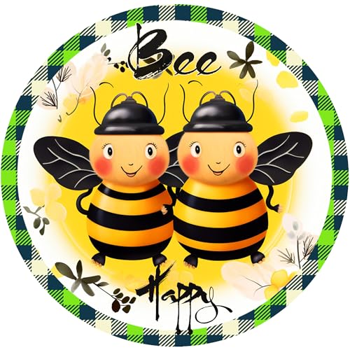 Rustic Wall Decor Wall Plaque Sign Round Metal Tin Sign Bee Happy Wreath Round Welcome Door Hanging,Suitable for Home Garden Kitchen Bar Cafe Restaurant Garage Wall Decor Retro Vintage 8x8 Inch (Be Happy) - color: Be Happy