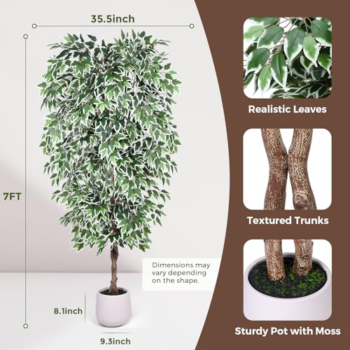 Jocoevol 7FT Artificial Ficus Tree, Tall Faux Trees Indoor with White Planter, Dried Moss, Natural Silk Leaves & Trunk, Fake Plants for Home Living Room Office Corner Decor Housewarming Gift - color: White Border, size: 7ft