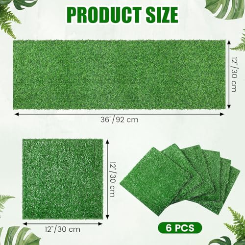 7 Pcs Artificial Grass Table Runner Set 12" x 36" Faux Grass Table Runner 12" x 12" Green Square Placemats Washable for Golf Themed Party, Dining Decorations, Wedding, Turf Patch DIY Craft