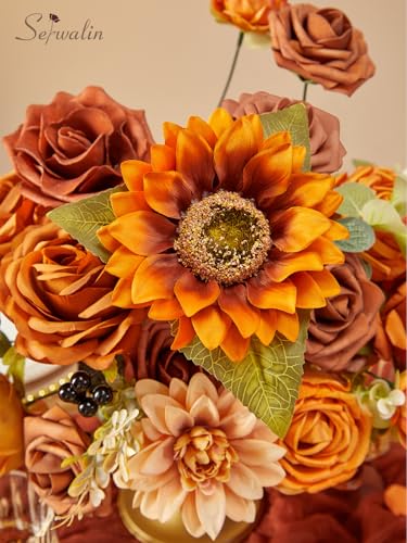 Serwalin Sunflower Artificial Flowers Burnt Orange Fall Flowers Fake Cake Flowers for DIY Wedding Bridal Bouquet Centerpieces Floral Arrangement Fall Decor Baby Shower Home Decor - color: B Orange Sunflower, size: 1 Box