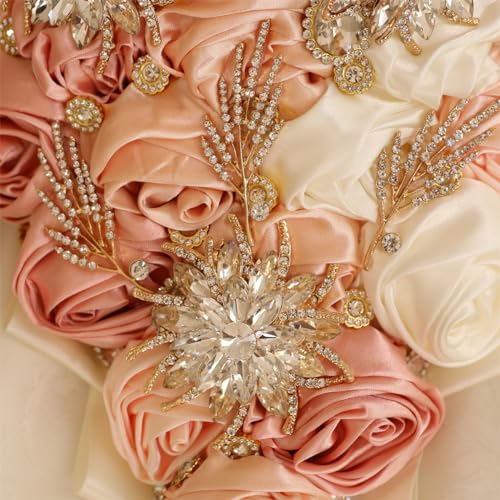 Handmade Satin Rose Water Drop Bridal Bouquet,8.7inch Crystal Wedding Round Tossing Bouquet,Jewelry Proposal Bridesmaid Bouquet Groom Corsage Bride Wrist Flower Ivory (Champagne Pink) - color: Champagne Pink