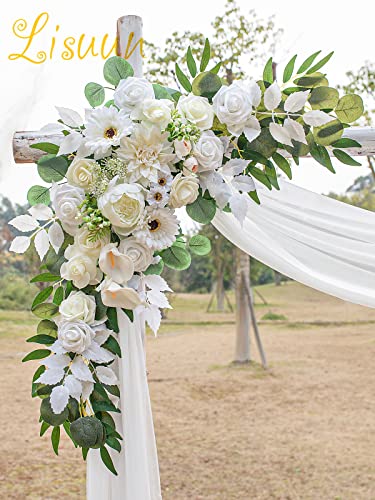 Lisuun Artificial Wedding Arch Flowers with Chiffon Runner, Pack of 3 | Includes 2 Flower Swags, 1 20ft Chiffon Runner and Zip Ties for Wedding Arches, Arbors and Backdrops - color: Pure White & Ivory White