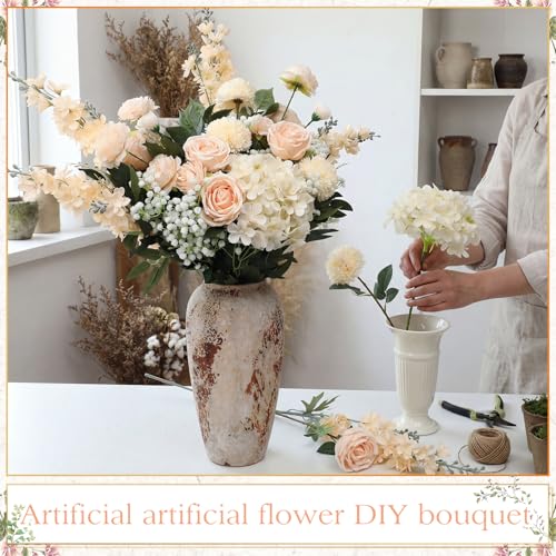 Suncalla 36 Pcs Champagne Artificial Flowers Bouquet Set 8 Kind Faux Delphinium Rose Peony Chrysanthemum Hydrangea Baby's Breath Florals with Greenery Long Stem for Wedding Table Vase Decor - color: Champagne