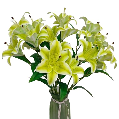 Artificial Lily Flowers,6 Pcs Faux Lily Flowers,Tiger Lily Branch with 3 Full Blooms and 4 Leaves (6, Green) - color: Green