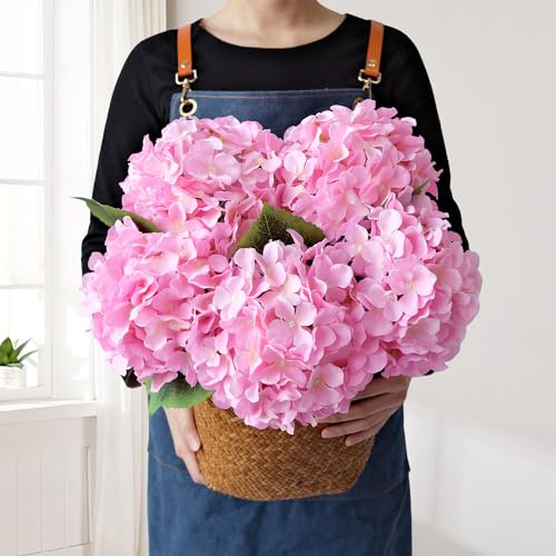 JINWOE 5pcs Pink Silk Hydrangea Fake Flowers, 20Inch Large Lifelike Artificial Flowers Bouquets Faux Hydrangea Stems for Home Wedding Party Table Core Indoor Home Decoration - color: Pink