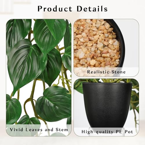 GnFlus Fake Ivy Plant with Pot Artificial Pothos Leaves Featuring a White Frosted Finish for Home Shelf Decor Indoor Silk Artificial Realistic Plant Large - color: Green-black Pot