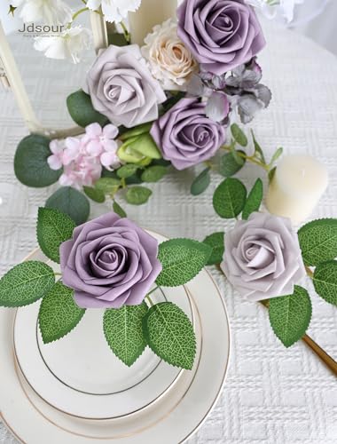 50pcs Artificial Flower，Real Touch Foam Roses w/Stem DIY for Wedding Bouquet Centerpieces Party Shower Home Decor-Violet Lavender Purple - color: Violet Lavender Purple
