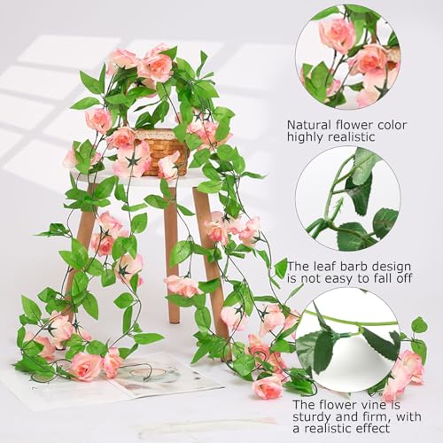 4Pcs Artificial Rose Vines Faux Flowers Garland with Green Leaves Fake Hanging Floral Plants for Home Bedroom Garden Decor,Christmas Anniversary Wedding Birthday Party Decoration (Pink) - color: Pink, size: 4Pcs-large rose