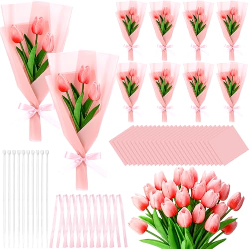 Zeyune Graduation Gifts Mini Faux Tulip Bouquet Kit, 10 DIY Artificial Tulip Flower Bouquets with Wrapping Paper and Ribbons, Class of 2026 Party Favors Gifts for Students Teachers Guests(Pink) - color: Pink
