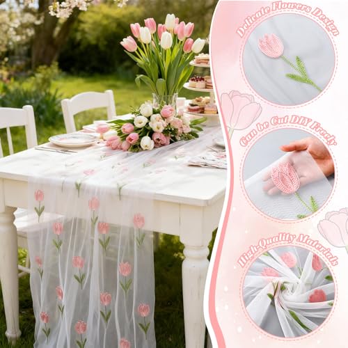 Mindsoft 3 Pcs Pink Floral Tulip Table Runner 10ft Gauze Embroidery Tulip Sheer Floral Tulle Easter Lace Table Runner for Wedding Bridal Baby Shower Holiday Dining Decor DIY - style: Tulip