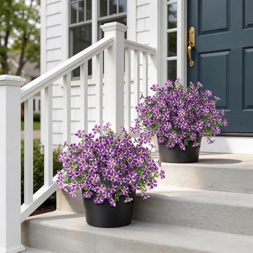 VIERENA 2 Set of Artificial Morning Glory & Eucalyptus Topiary Trees - Faux Silk Flower Potted Plants, UV-Resistant Fake Outdoor Morning Glory Bushes for Front Door, Farmhouse, Garden Decor (Purple) - color: Purple