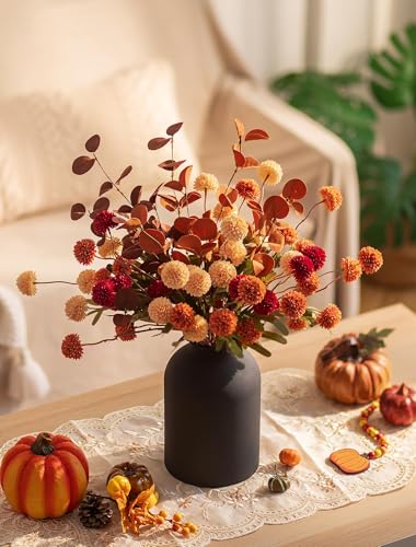 BLOSMON Flower Centerpiece Table Decorations: Metal Vase with 12 Stems of Fake Mums Kiku Flowers Eucalyptuses for Home Dining Room - Burnt Orange Artificial Pom Poms Floral Arrangement in Vase - color: Burnt Orange