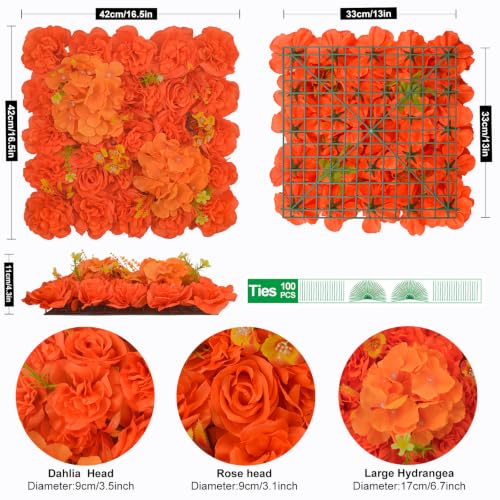 Artificial Flower Wall Backdrop 12Pcs 16.5x16.5 Inch Silk Roses Floral Panels Ideal for Fall Weddings Thanksgiving Backdrops and Seasonal Home Elegance - Orange - color: Orange, size: 16.5inch