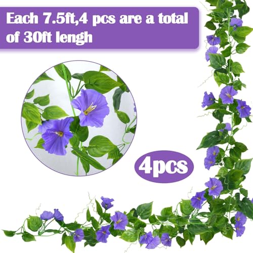 GTIDEA Artificial Vines 15Feet Silk Flower Garland Purple Morning Glory Vine Artificial Flowers Hanging Plants Garland Fake Green Plant 4Pcs for Outdoors Wall Fence Indoor Wedding Banquet Decor - color: Purple-4pcs