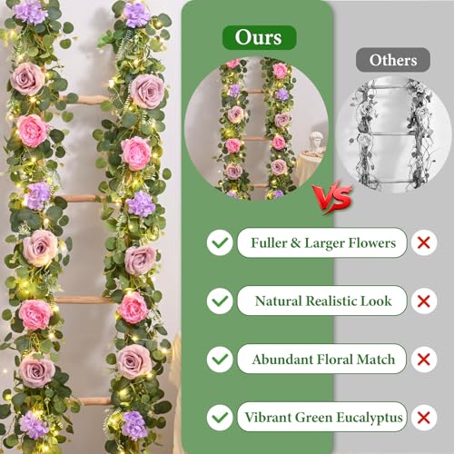 Livole 6 FT Artificial Flower Garland with Lights Pink Fake Roses Peony Floral Garland with Eucalyptus Flower Hanging Vine for Wedding Arch Table Centerpieces Backdrop Party Home Decorations - color: Pink With Light, size: 1 Pc
