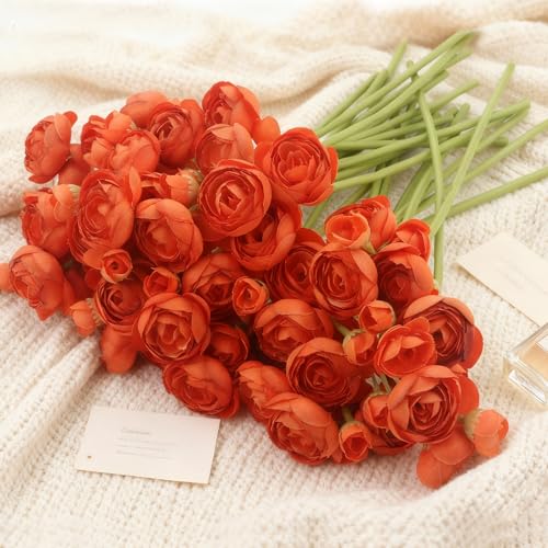 24 Stems Artificial Ranunculus Flowers - 96 Bloom Faux Silk Ranunculus Bouquet for Wedding Decorations, Home Décor, Holiday Arrangements & Large Event Centerpieces (Orange) - color: Orange