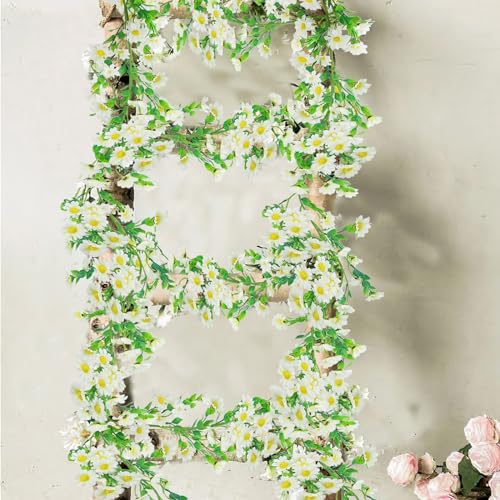 CISDUEO Artificial Daisy Flowers Vine Silk Wildflower Garland Spring Fake Flower Vine Hanging Ivy White Daisy Flowers Green Leaves for Wall Party Wedding Arch Floral Decor Home Indoor Outdoor Ceremony - color: White