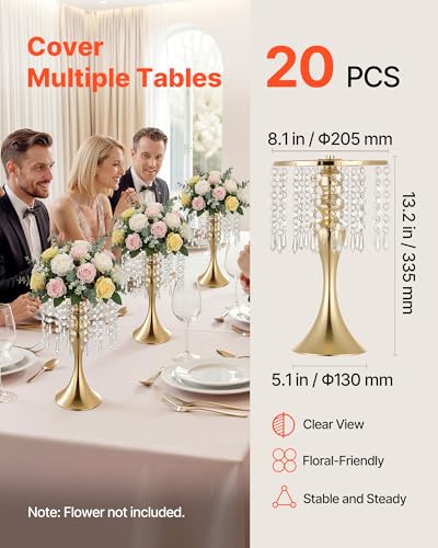VEVOR 20 PCS Wedding Flower Vase, 13.4 in Tall Flower Table Centerpieces, Crystal Banquet Vases Easy Installation, Electroplated Finish, Versatile Arrangement Stand for Party Events Home Decor, Gold - size: 8.1 x 13.2 in