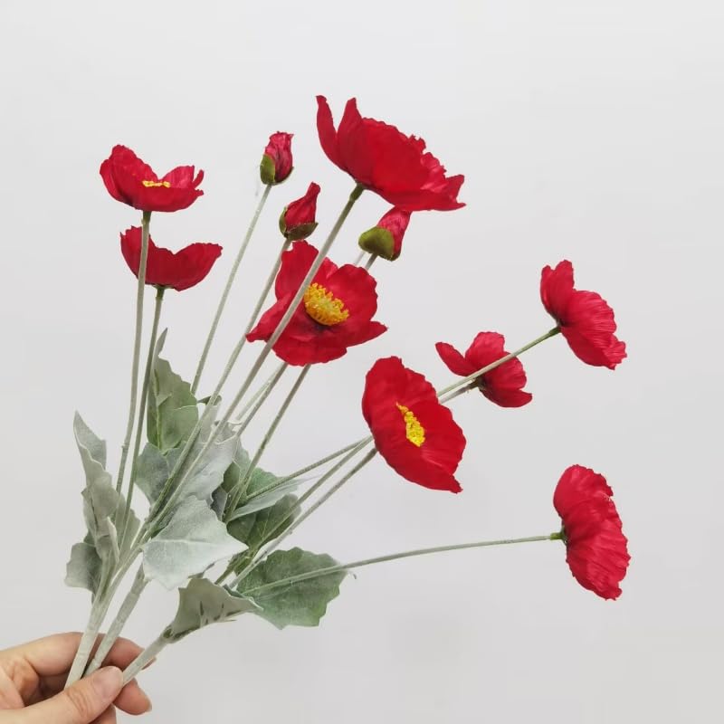 3 Pieces Red Poppies Flowers Artificial,23"Ranunculus Artificial Flowers,Silk Flowers with Stems,Faux Flower Stems for Wedding,Party,Garden Outdoor Indoor Decor Flower Arrangements for Table (Red) - color: Red