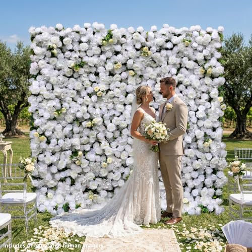 rosemorning 8x8FT White and Green Artificial Flower Wall Backdrop,5D Silk Flower Wall Panel for Wedding Party Birthday Baby Shower Photo Booth Decor Easy to Install Reusable - color: Linen-white, size: 8Ft*8Ft