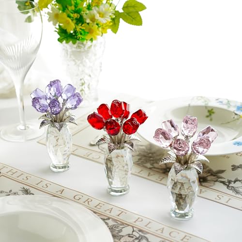 H&D HYALINE & DORA Crystal Rose Purple Flower Figurine,Rose Gifts for Mom Wife Grandma,Glass Flower Collectible Ornament Mother's Day Thanksgiving Anniversary Birthday Gifts - color: Purple
