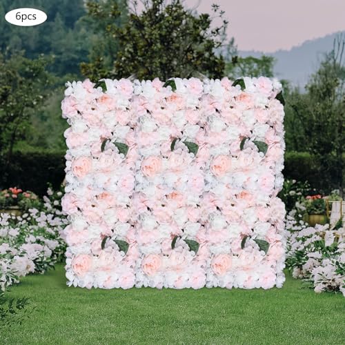 Flower Wall Panel Floral Backdrop, 6 Pcs Flower Wall Decor, 24" X 16" Silk Rose Wall, Artificial Flower Wall Backdrop Faux Flower Panel for Wedding, Party, Home (White+Champagne) - color: White+champagne